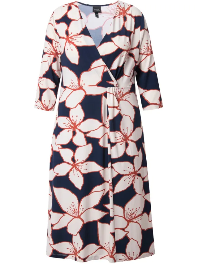 Ulla Popken Dames - Midi-jurk bloemen wikkellook V-hals 3/4-mouw - Marine - Maat 58+