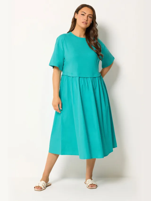 Yours Turquoise Blauw Poplin Tshirt Midijurk-56 Blue