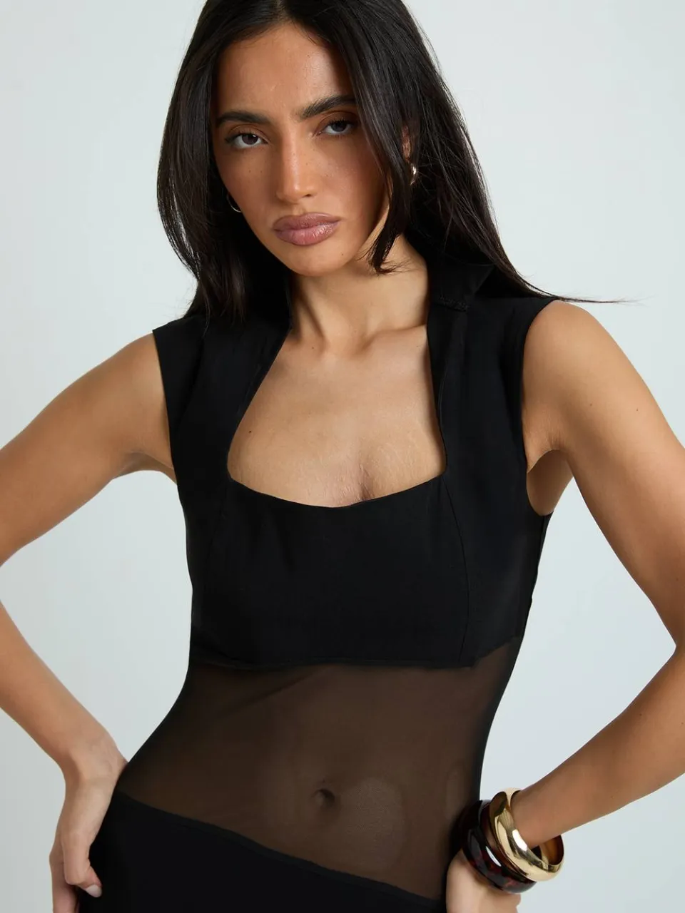 boohoo Dames Bengaline Jurk Met Mesh Detail, Hoge Hals En Midaxi Lengte zwart, foto 3