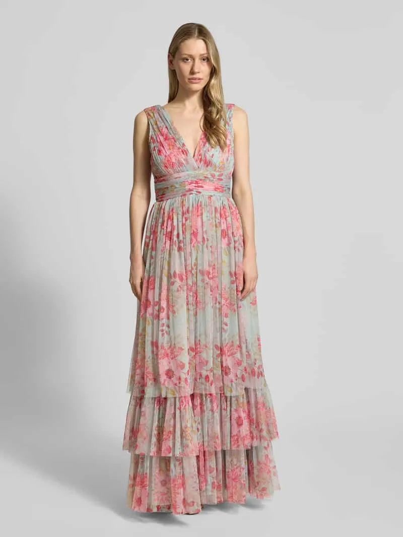 Lace & Beads Avondjurk met volantzoom en V-hals Lichtrood
