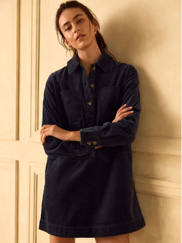 Next Dames - Corduroy overhead mini-jurk met lange mouwen - Tall - Blauw Navy Blue
