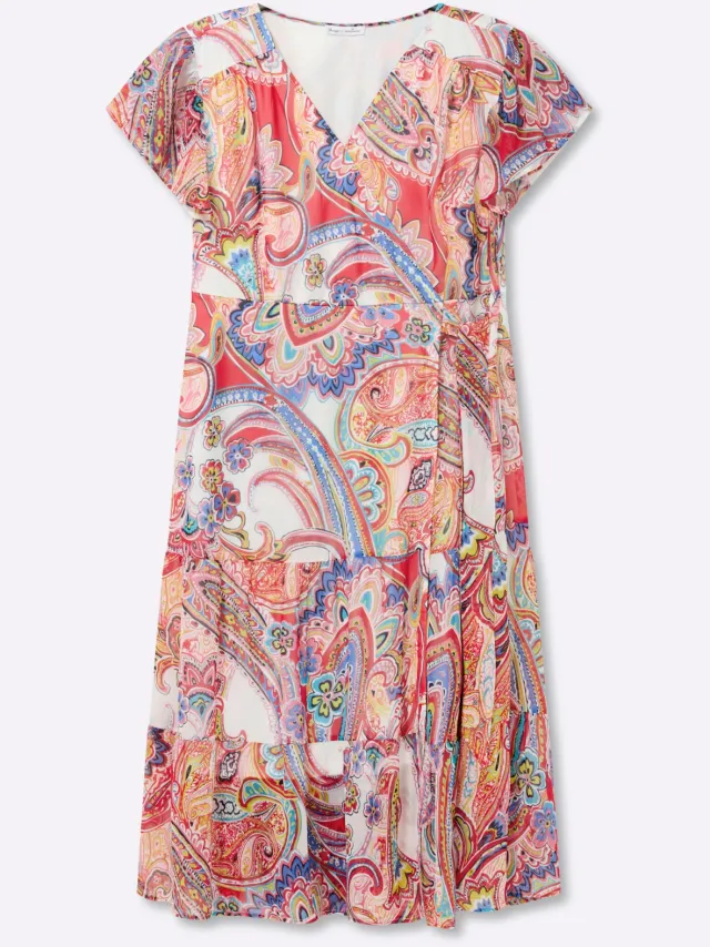 Chiffon jurk ecru/rood gedessineerd