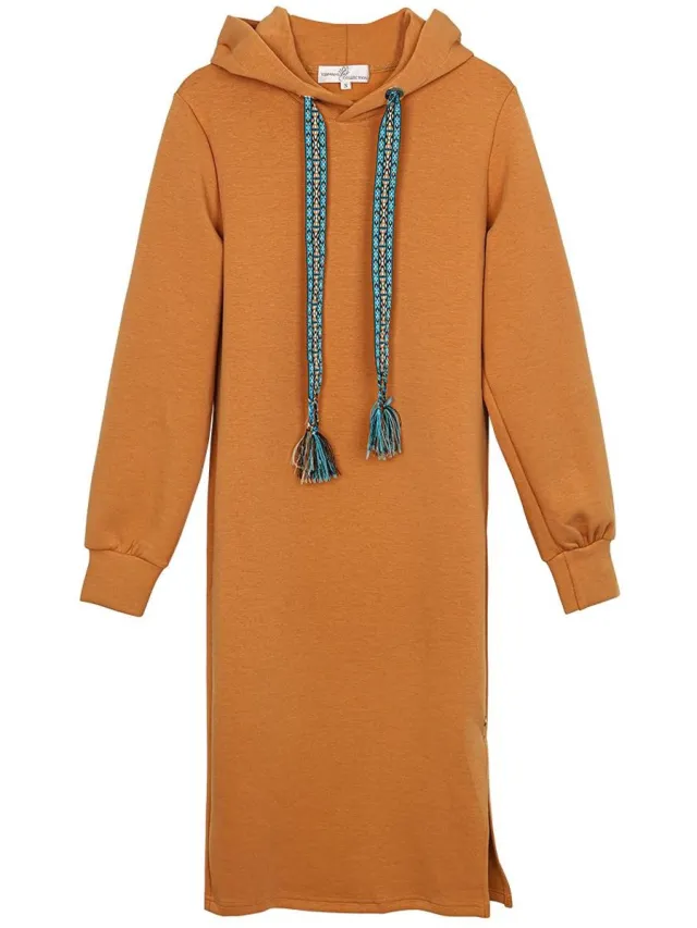 YW YEHWANG YWG - Cotton Vrouwen Midi Jurk Met Kap Lang Mouw Orange