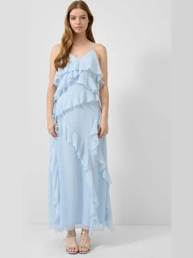 QS female - Lange chiffon jurk met volants lichtblauw