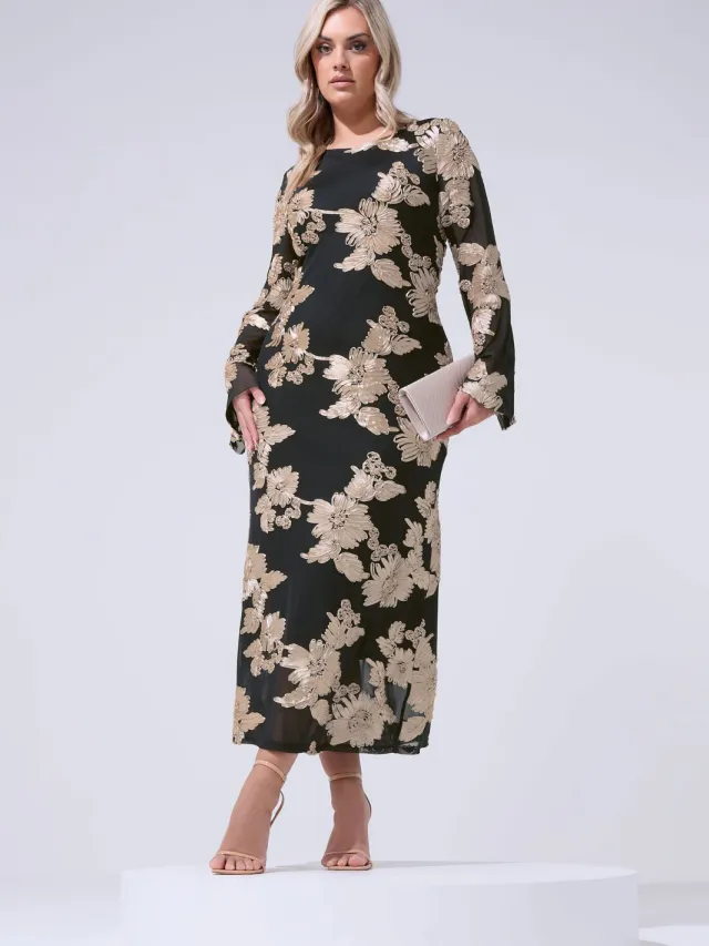 Yours London Zwarte Maxijurk Met Bloemenapplicatie Black
