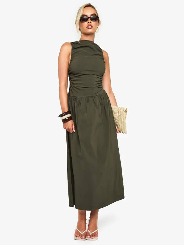 boohoo Dames Geraffelde mouwloze midaxi-jurk met verlaagde taille Kaki