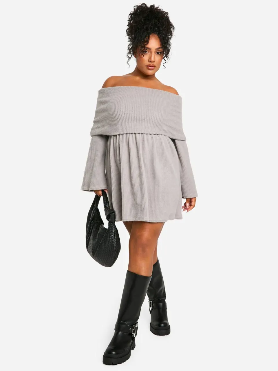 boohoo Dames Plus Brushed Rib Off Shoulder Skater Jurk grijs, foto 3