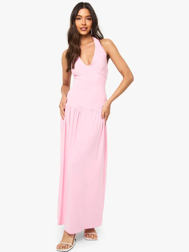 boohoo Dames Slinky Plunge Maxi Jurk Baby Roze