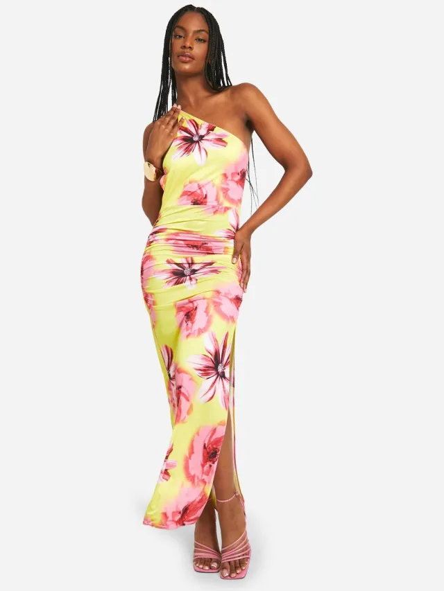 boohoo Dames Lange Slinky Asymmetrische Bloemen Maxi Jurk Citroen