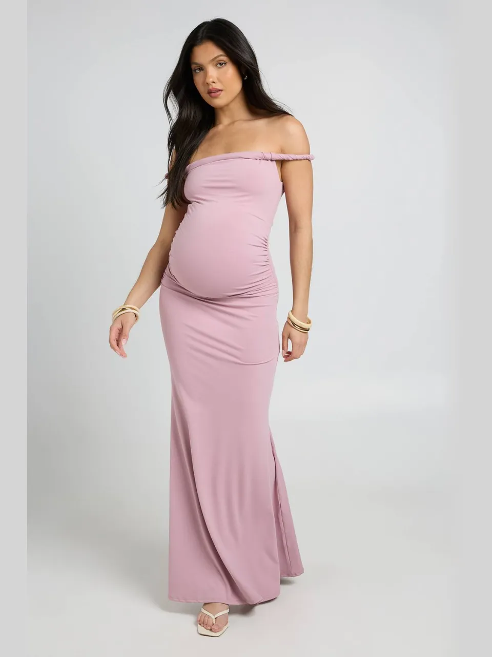 boohoo Dames Zwangerschaps Maxi Jurk Met Gedraaide Bardot Hals mauve, foto 3