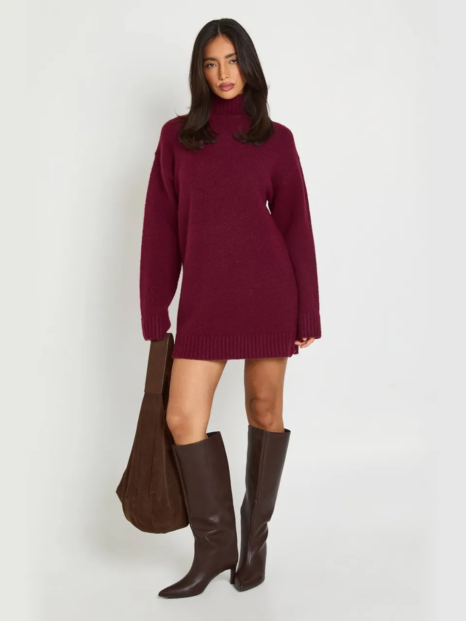 boohoo Dames Gebreide Mini-jurk Met Hoge Hals pruim, foto 2