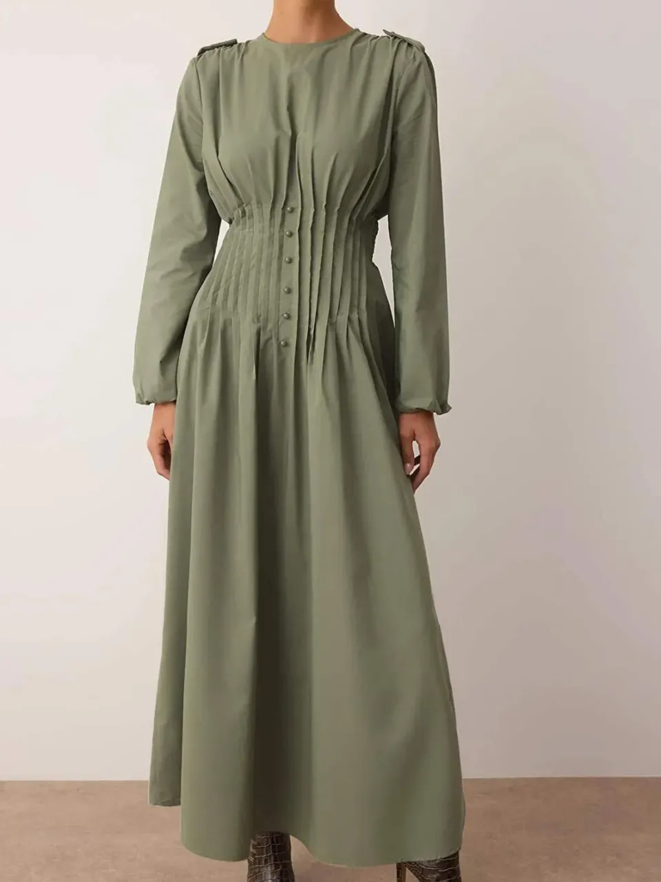 Trendyol Modest Dames Kaki Effen Maxi Lang Casual Skater Modest Jurken, foto 2