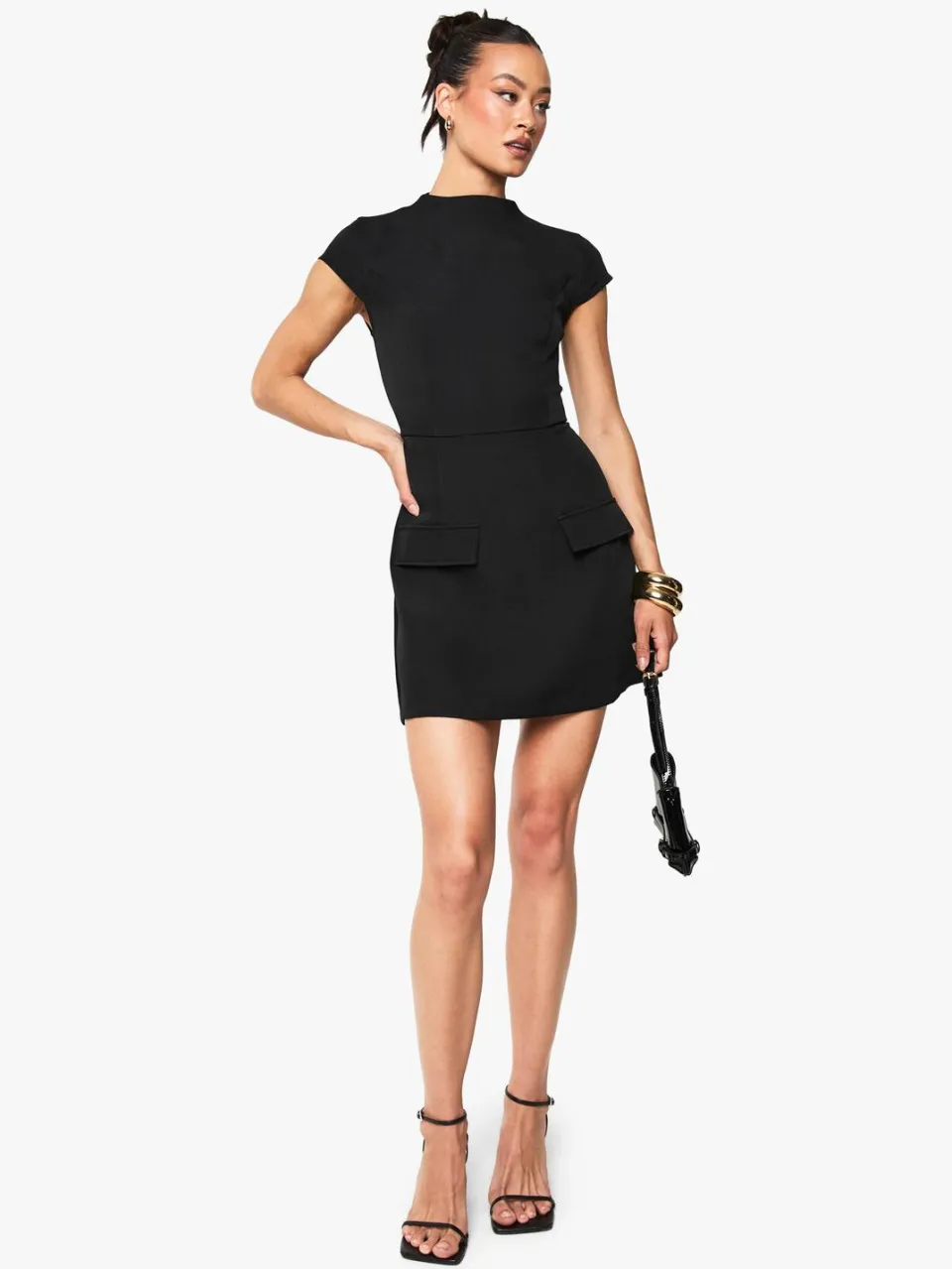 boohoo Dames Lange hoge hals gestructureerde getailleerde mini-jurk zwart, foto 3