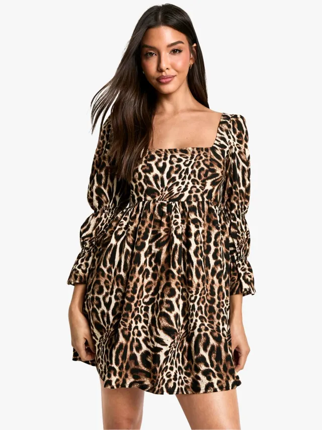 boohoo Dames Luipaardgeraffelde Pofmouw Smockjurk Bruin