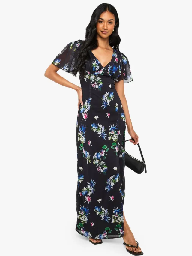 boohoo Dames Floraal Engelmouw Chiffon Diepe V-hals Maxi-jurk Zwart