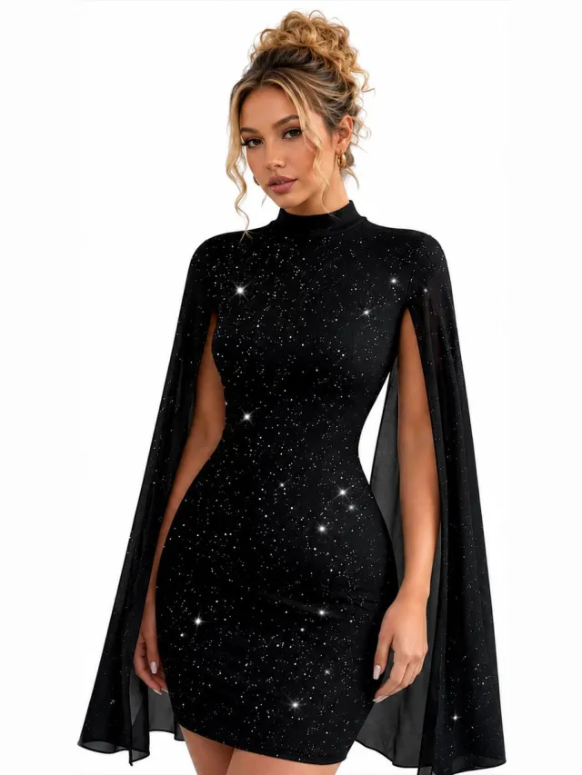 RedParrot Zwarte Glitter Jurk - Cape Mouwen - Kort - Feest