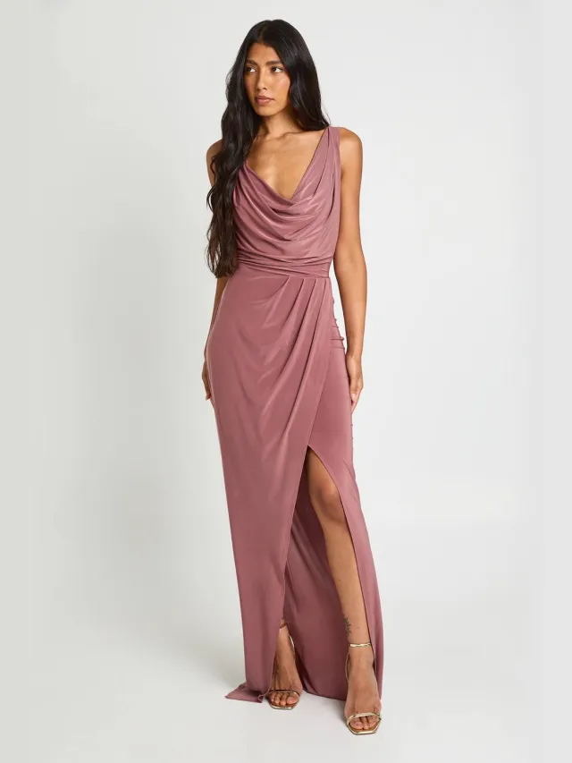 boohoo Dames Lange Slinky Geplooide Wikkel Maxi Jurk Roos