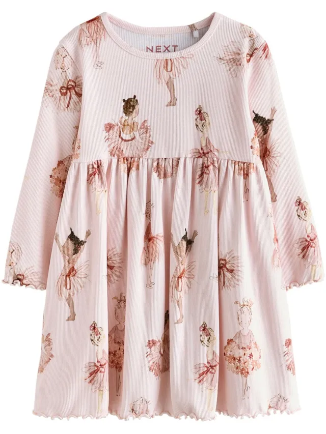 Next Meisjes - Geribbelde jurk met lange mouwen - Roze Pink