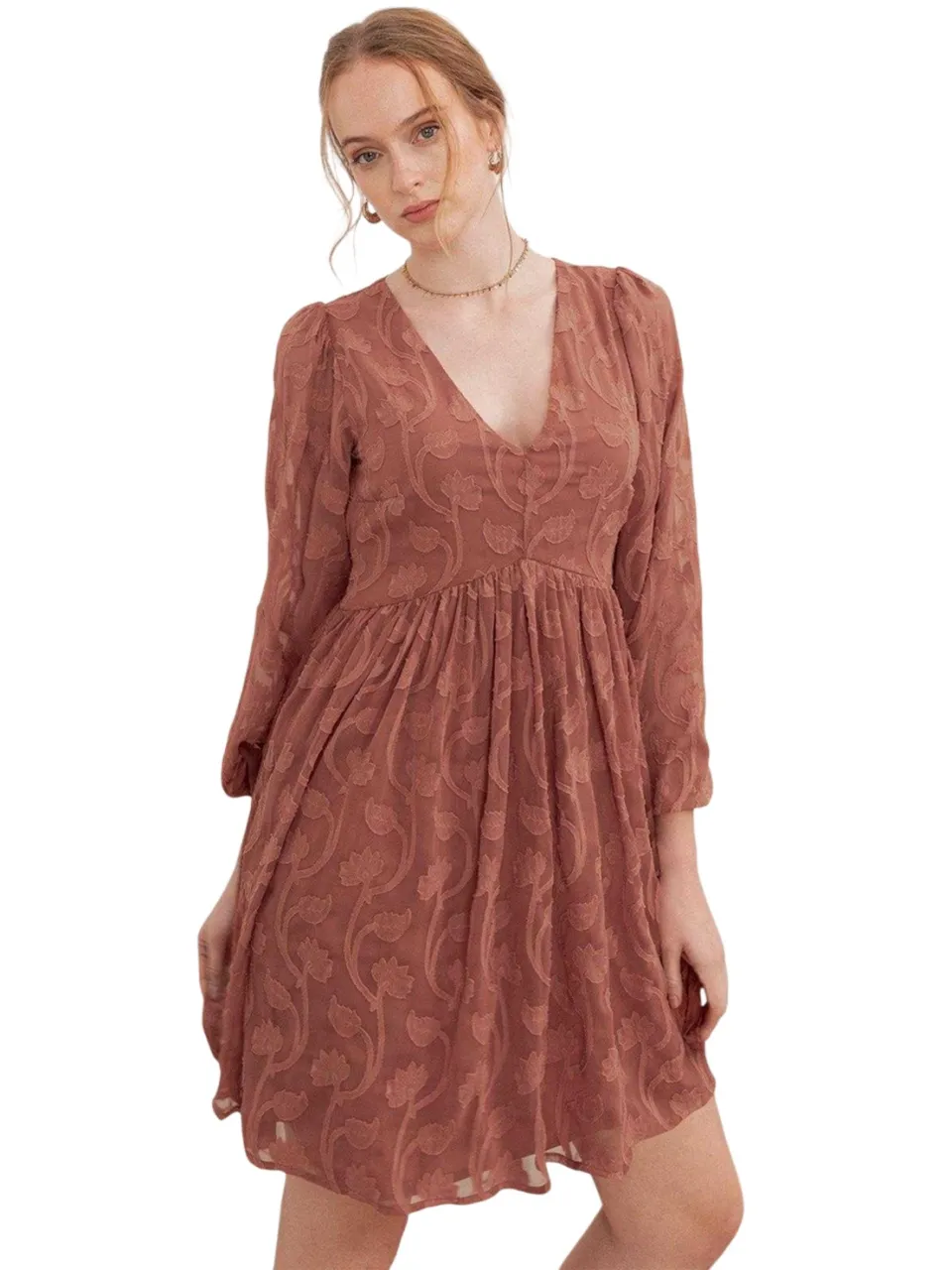 Lovedrobe Mini-jurk met pofmouwen en burnout-effect voor dames (Terracotta), foto 2