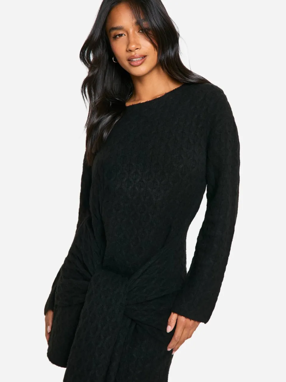 boohoo Dames Petite Soft Cable Oversized Tie Detail Gebreide Mini Jurk zwart, foto 3