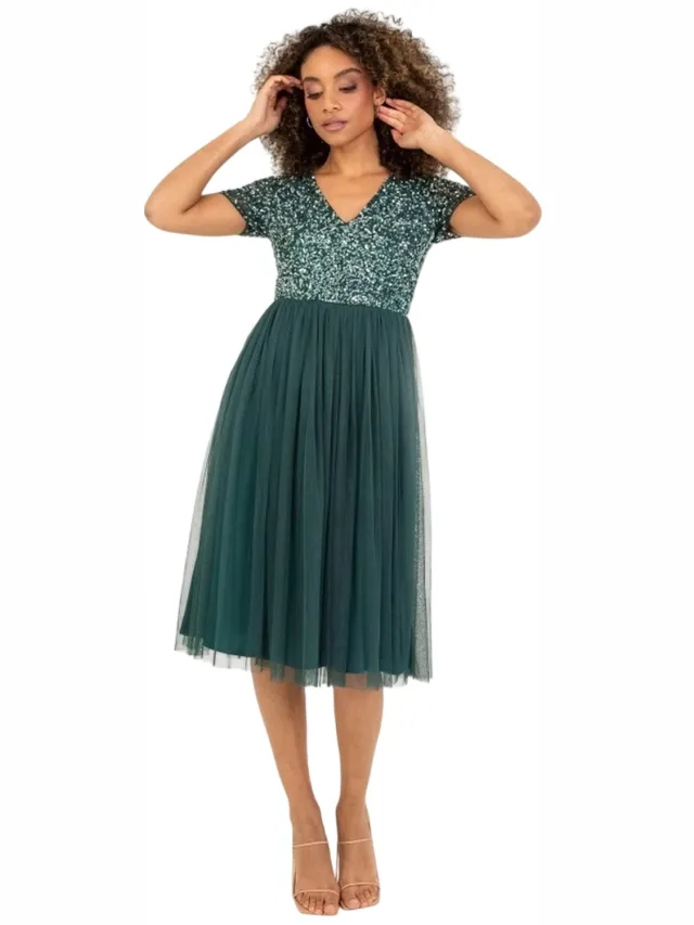 Maya Deluxe Midi-jurk met korte mouwen voor dames (Smaragd)