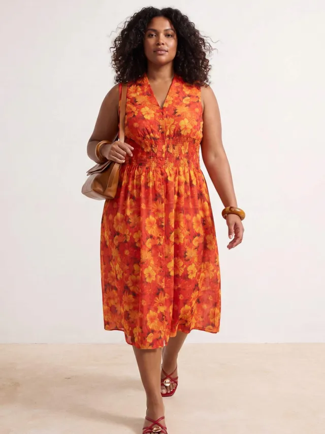 Trendyol Curve Dames Oranje Bloemen Midi Kort Blousejurk Grote maten Jurk