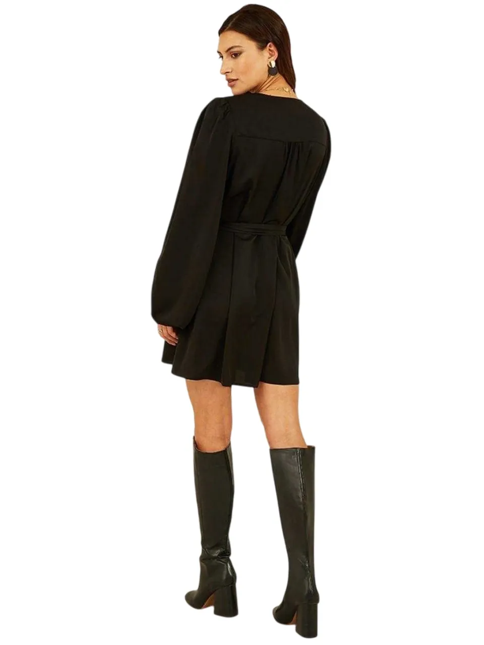 Mela London Mini-shirtjurk voor dames met V-hals en ballonmouwen (Zwart)