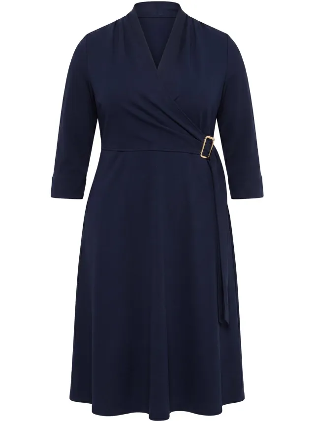 Ulla Popken Dames - Midi-jurk wikkellook A-lijn V-hals 3/4 mouwen - Donkermarine - Maat 50+