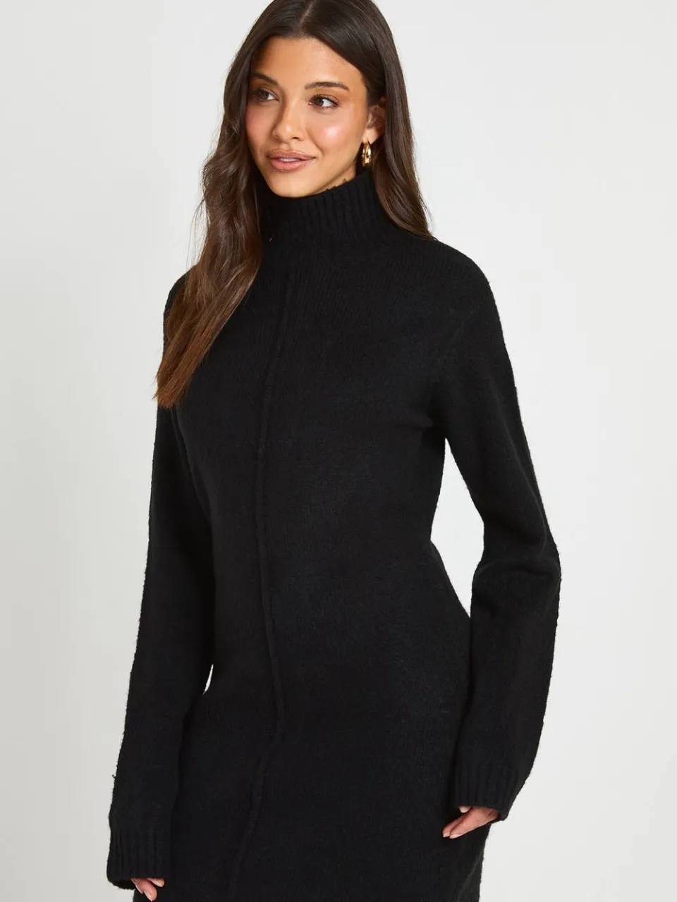 boohoo Dames Gebreide Mini Trui-jurk Met Hoge Hals En Naaddetail zwart, foto 3