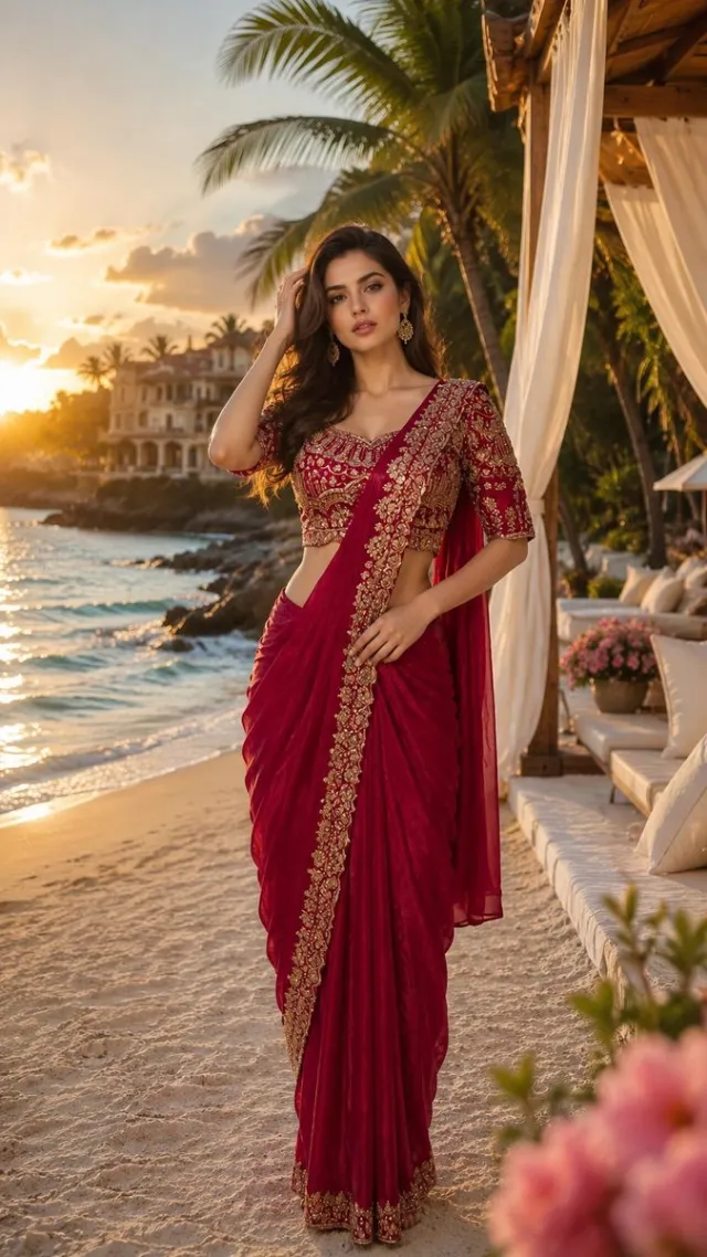 Simhera Threads Designer Ruby Red Saree with Heavy Golden Embroidered Border & Luxury Embroidered Blouse
