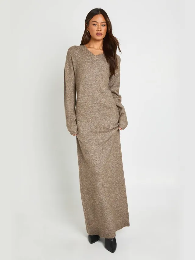 boohoo Dames Lange Gebreide Maxi-jurk Met V-hals En Lange Mouwen Mokka