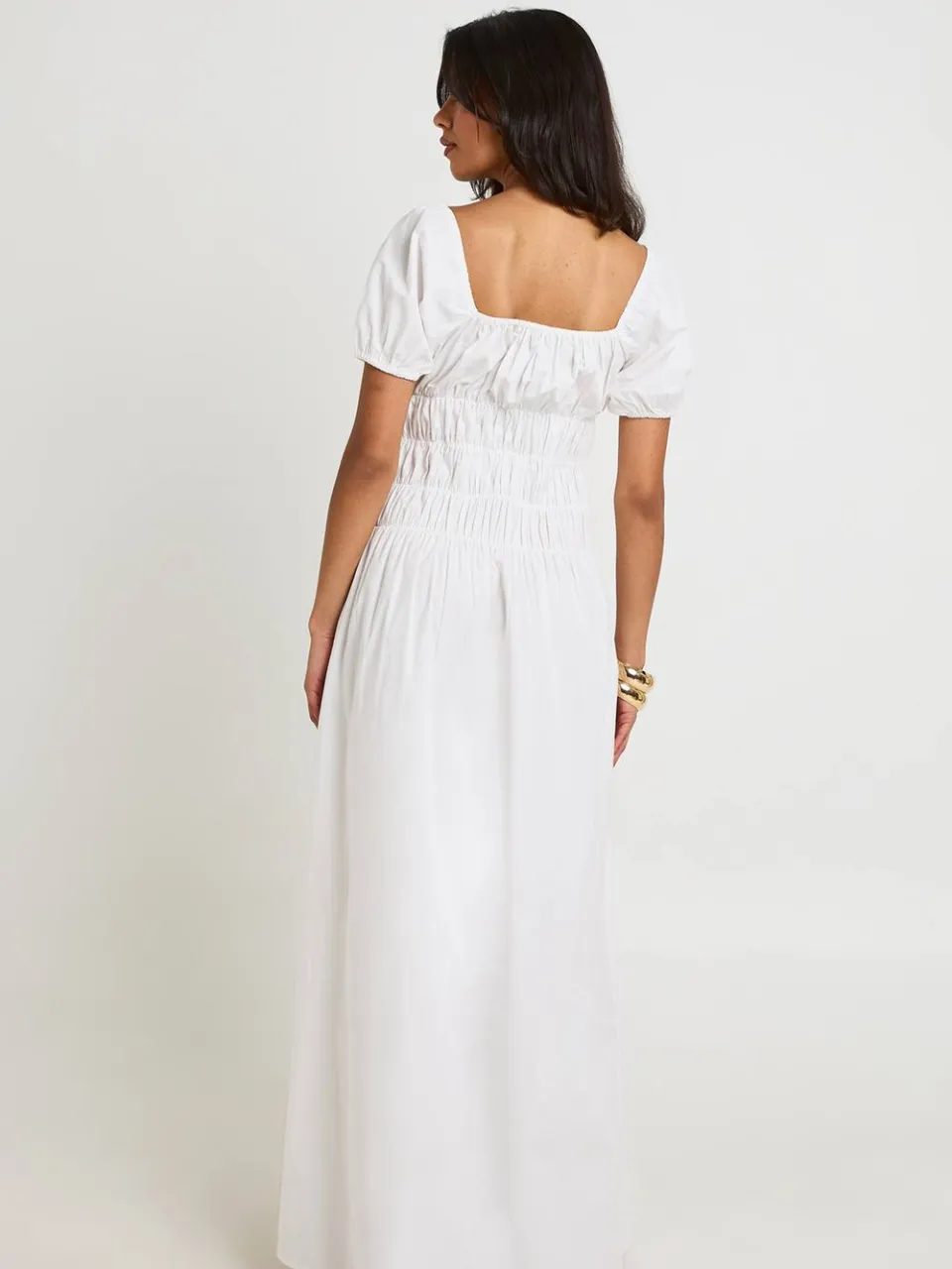 boohoo Dames Katoenen Popeline Maxi Jurk Met Gerimpeld Lijfje En Pofmouwen wit, foto 2