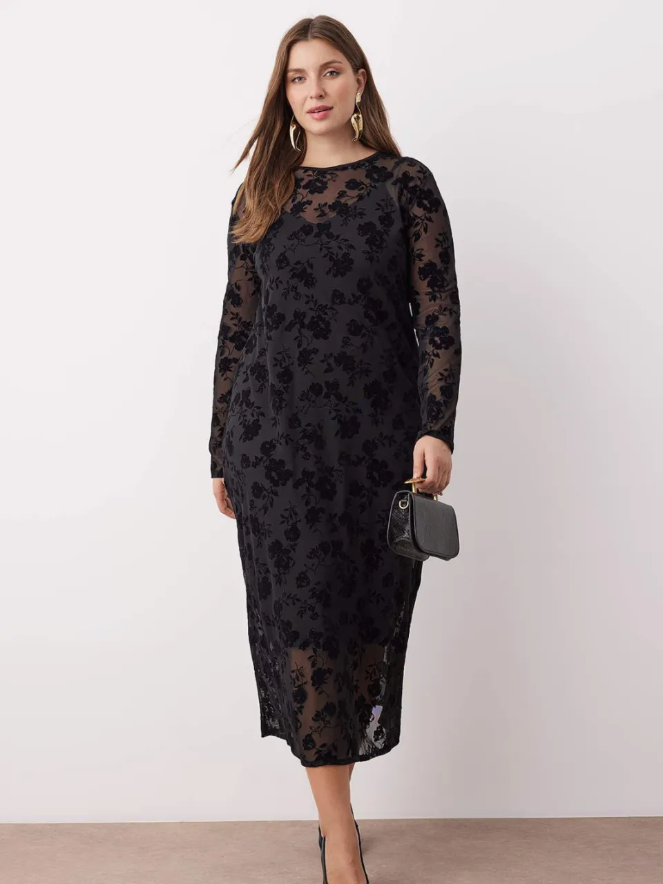 Trendyol Curve Dames Zwart Bloemen Maxi Lang Casual A-lijn Grote maten Jurk, foto 2