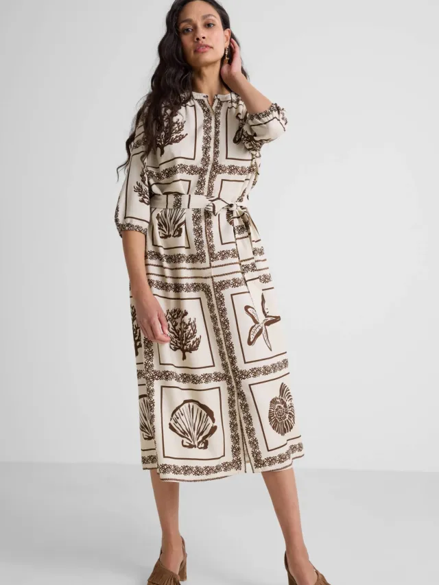 Ruby maxi overhemdjurk met linnen en schelpenprint Beige/bruin