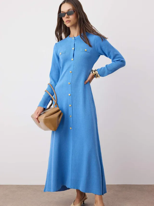 Trendyol Modest Dames Blauw Effen Maxi Lang Casual A-lijn Modest Jurken