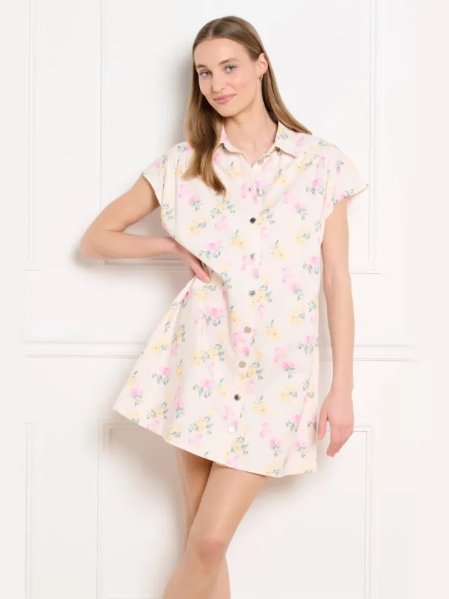 LOLALIZA denim gebloemde blousejurk ecru Ecru/geel/groen