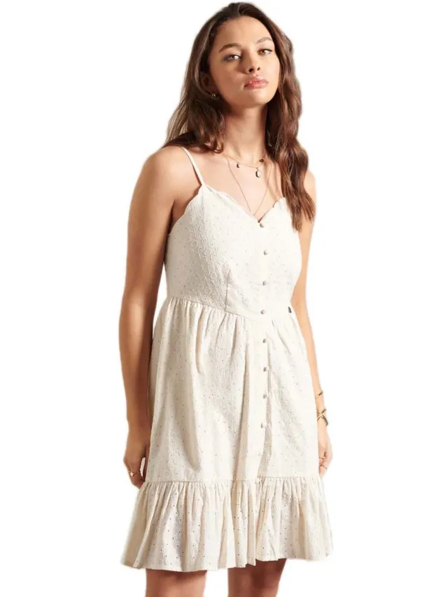 Superdry Broderie Mini Mouwloze Korte Jurk Beige M Vrouw Cream