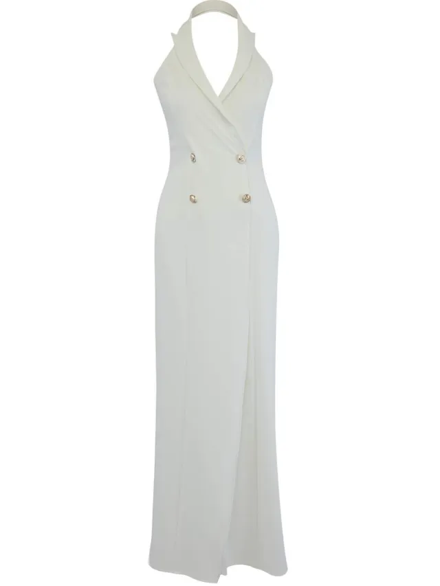 Trendyol TRENDYOLMİLLA Dames Ecru Effen Maxi Mouwloos Diploma-uitreiking / Gala Blazer Jurk Avond & Gala Jurk