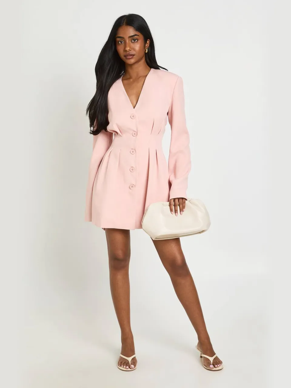 boohoo Dames Getailleerde Mini Jurk Met Lange Mouwen Zonder Kraag pastelroze, foto 2