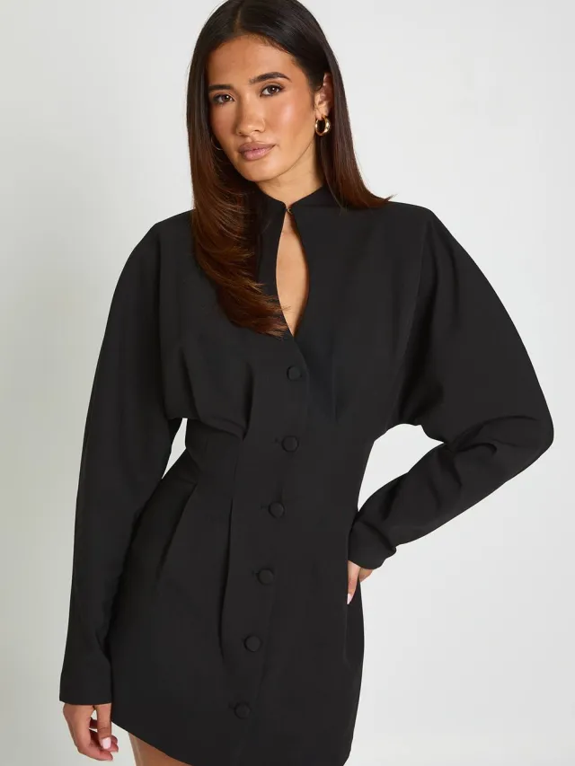 boohoo Dames Mini Jurk Met Diepe V-hals En Hoge Kraag In Getailleerde Snit zwart, foto 2