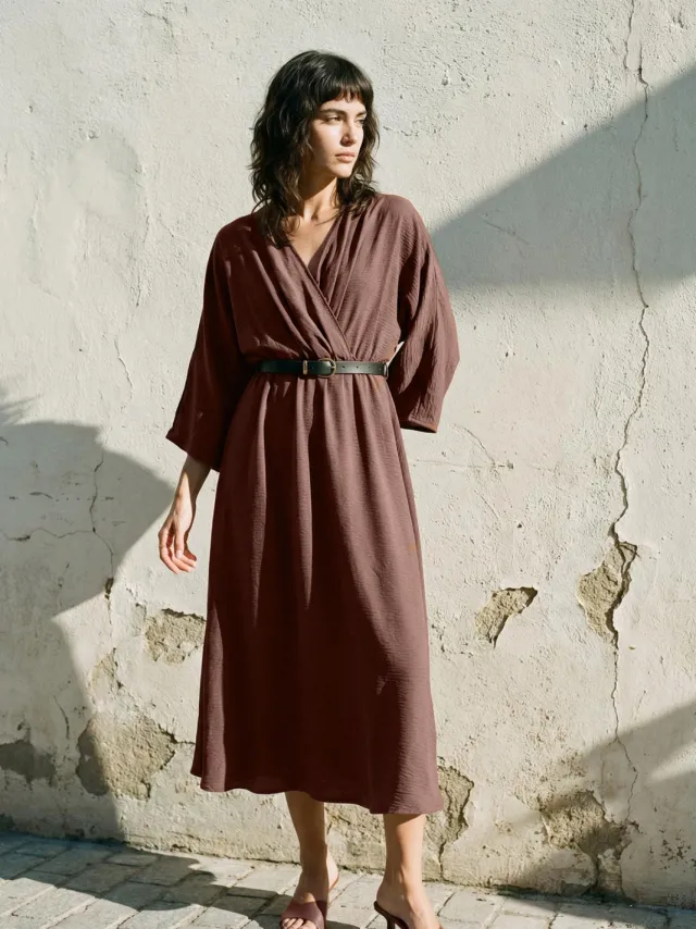 Trendyol TRENDYOLMİLLA Dames Bruin Effen Midi Driekwart mouw Casual Double-breasted Jurken, foto 2