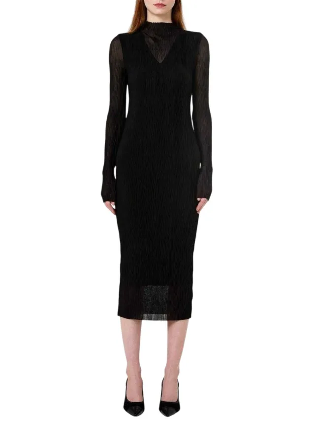Boss Midi-jurk met lange mouwen van mesh voor dames (Zwart)