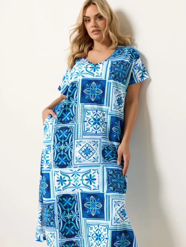 Yours Blauwe Midijurk Met Tegelprint-56 Blue