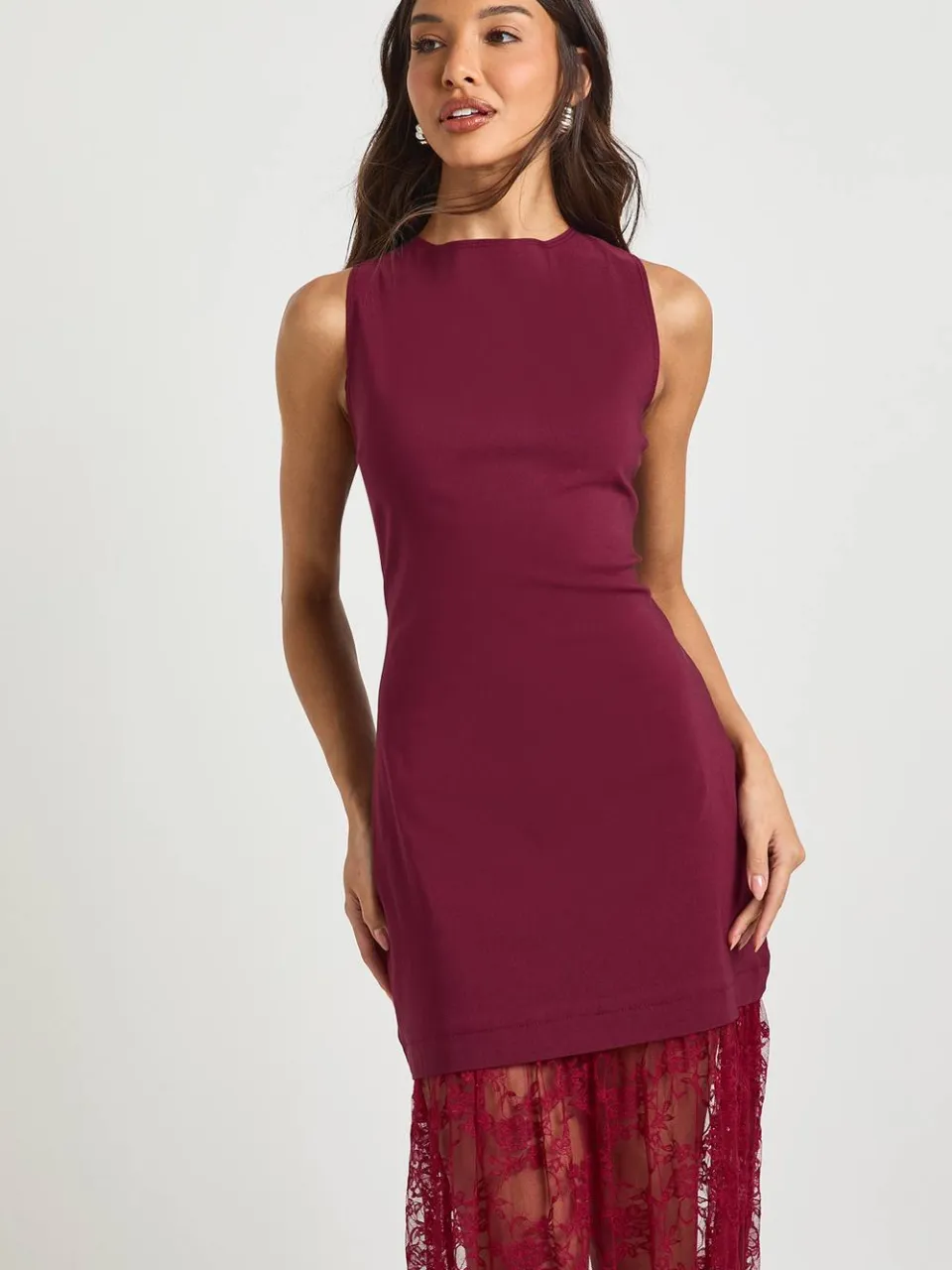 boohoo Dames Kanten Zoom Mouwloze Maxi Jurk merlot, foto 3