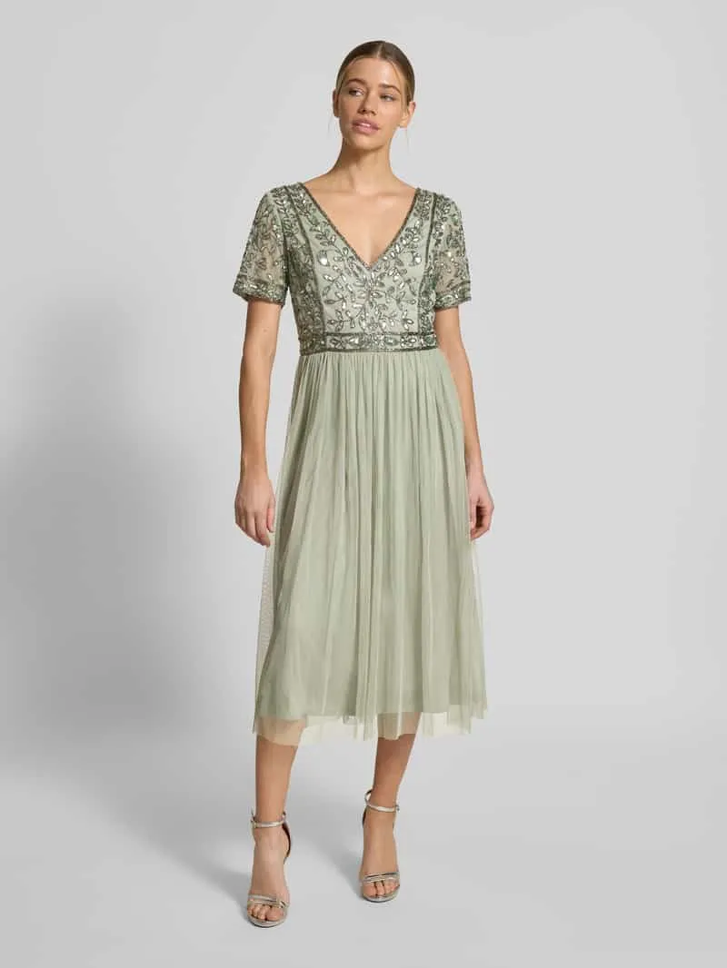 Lace & Beads Knie-lange jurk met bloemige paillettenversiering Mintgroen