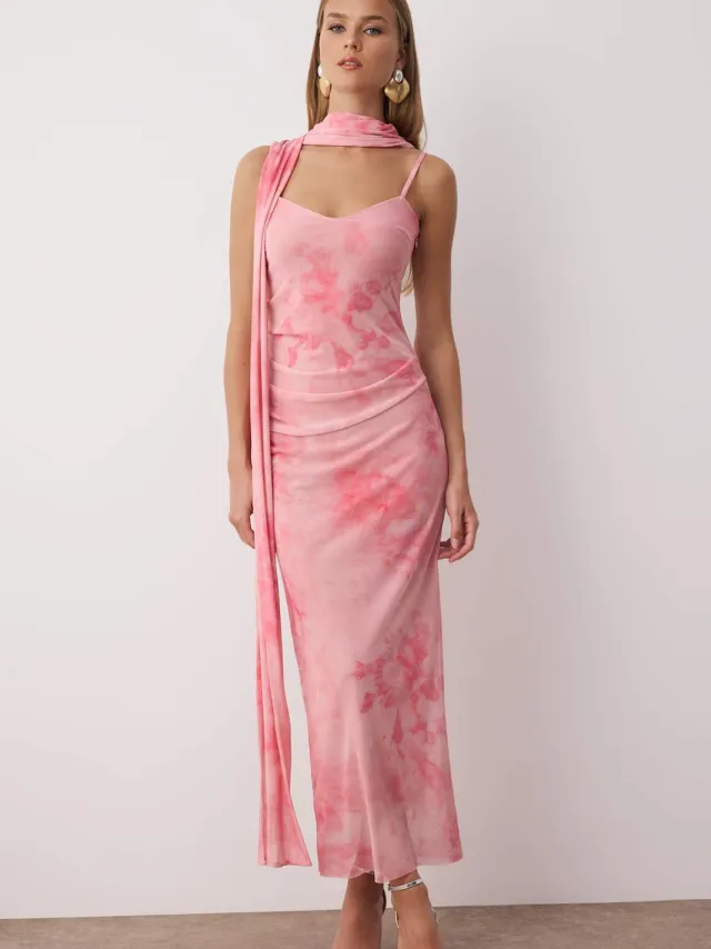 Trendyol TRENDYOLMİLLA Dames Roze Abstract Maxi Mouwloos Stijlvol/Avond Recht Jurken Fuchsia