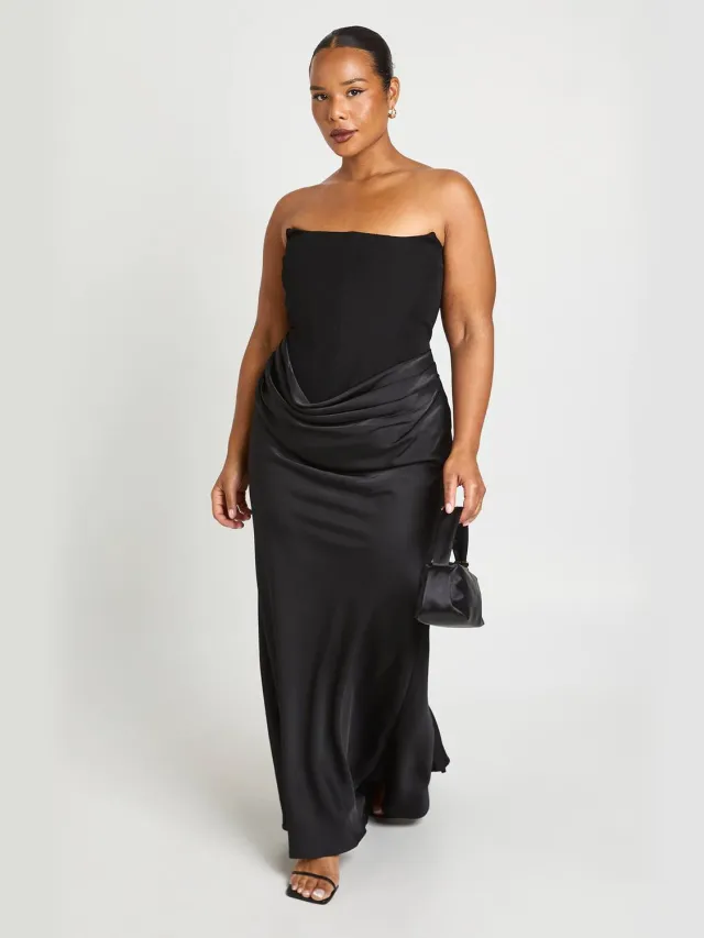 boohoo Dames Plus Bandeau Corset Satijnen Drape Maxi Jurk Zwart