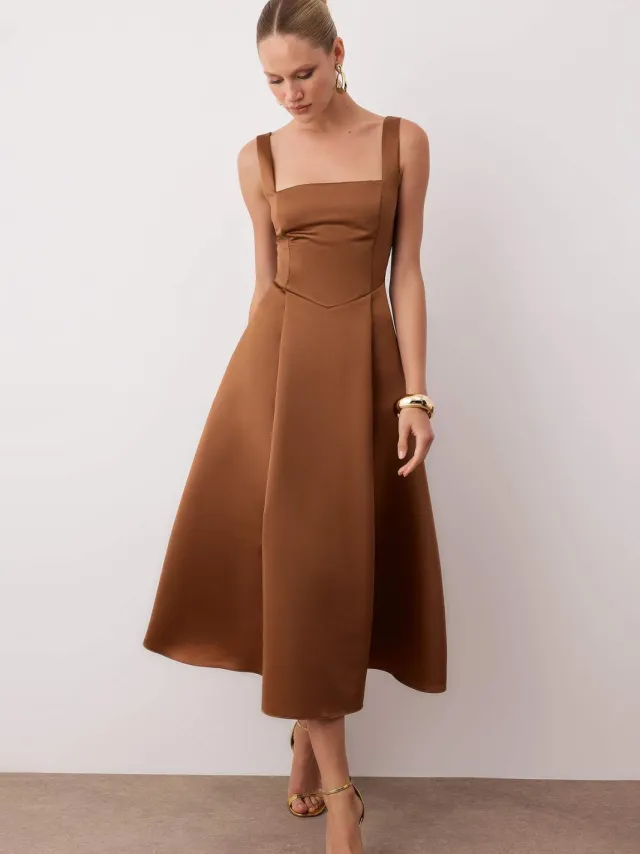 Trendyol TRENDYOLMİLLA Dames Bruin Effen Midi Mouwloos Stijlvol/Avond Skater Jurken