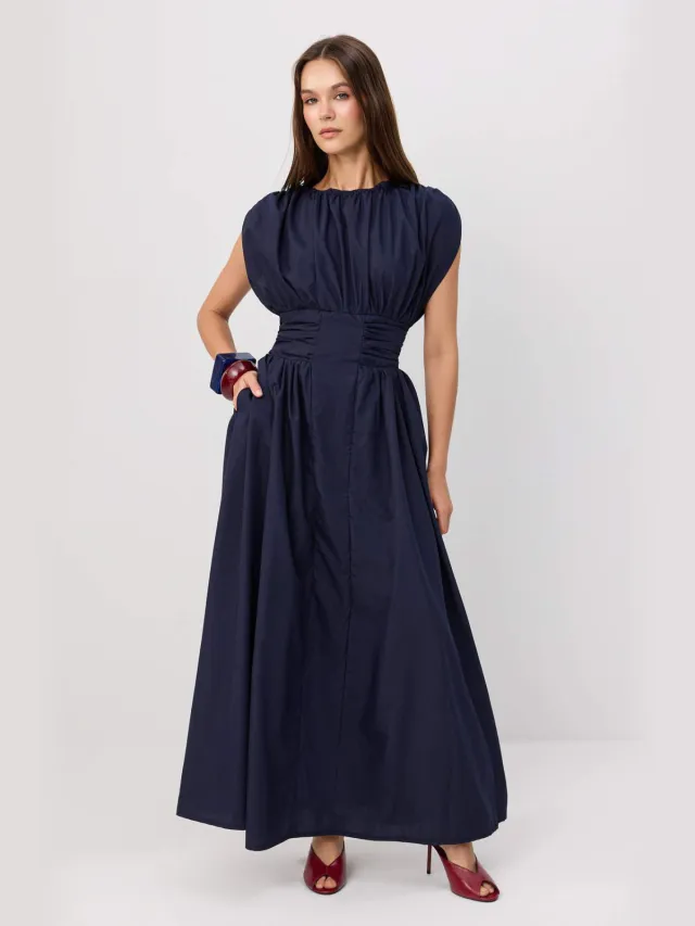 Trendyol TRENDYOLMİLLA Dames Donkerblauw Effen Maxi Kort Skater Jurken Marineblauw/Blauw