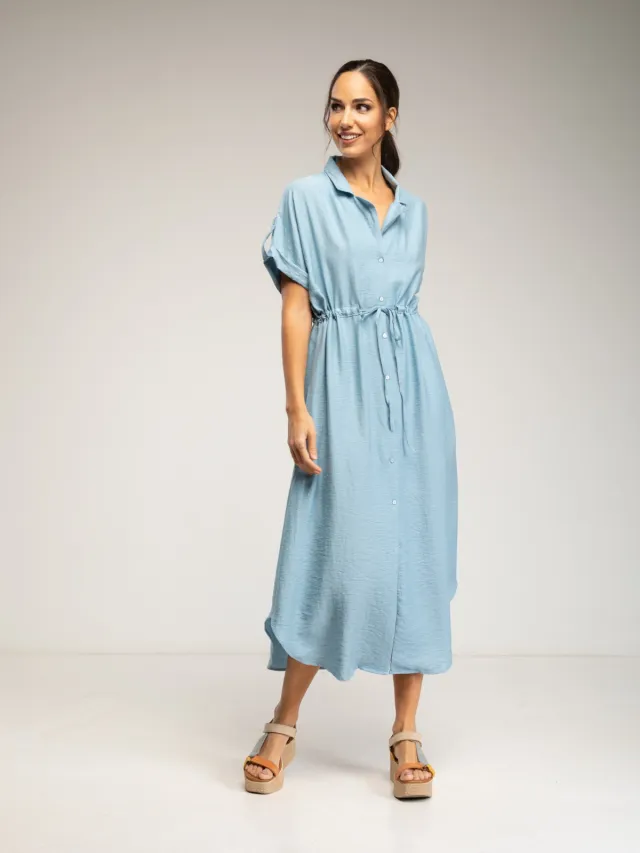 Tantra Midi-jurk met elastische taille en borst, rimpelmouwen en zakken Blauw